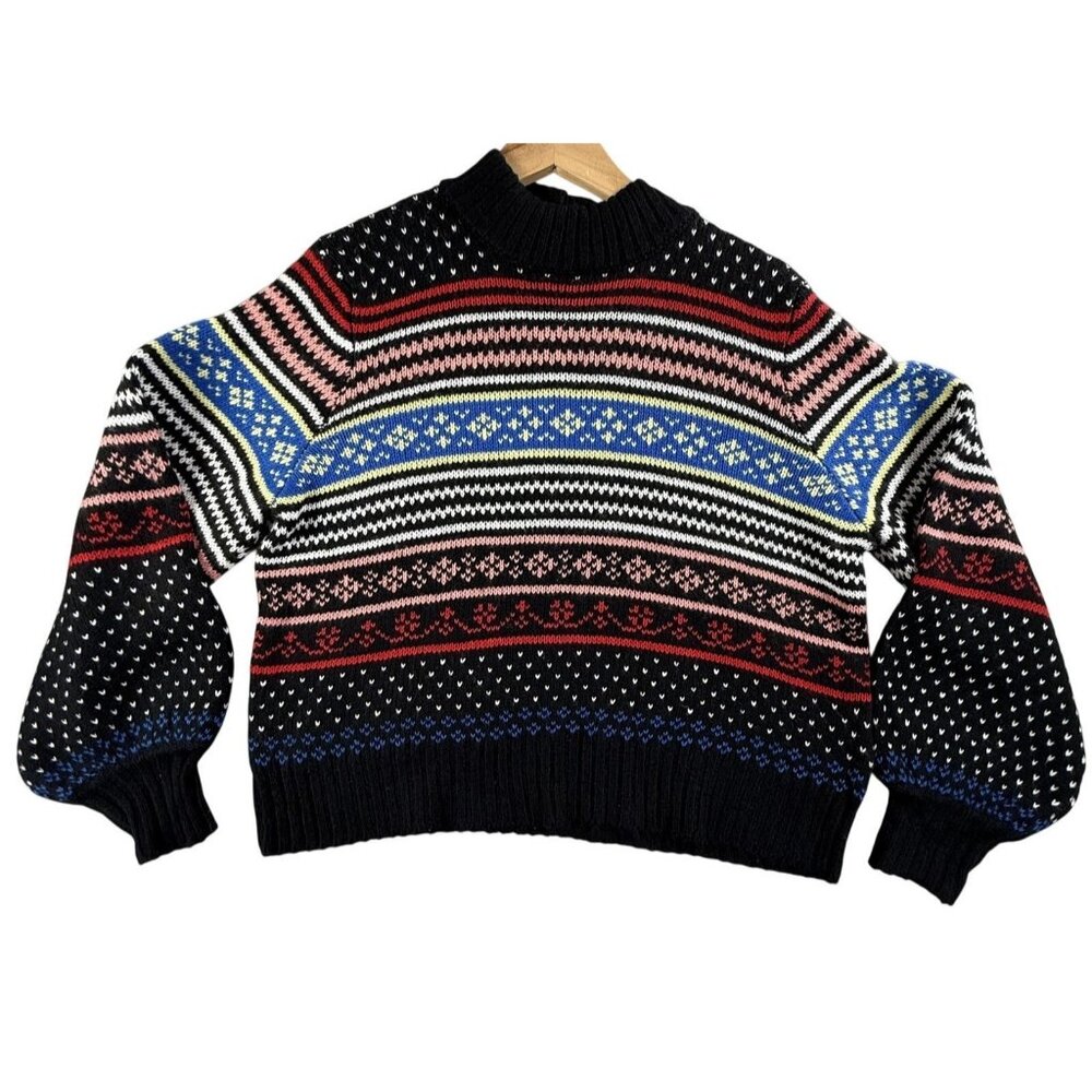 American Eagle Sweater Womens XL Black Fair Isle Mock Neck Knit Balloon Sleeve